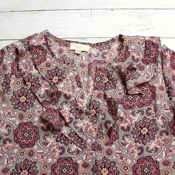 Loft Women's Floral Chiffon Blouse Size S Long Sleeve Ruffle Career Wear - Picture 5 of 6